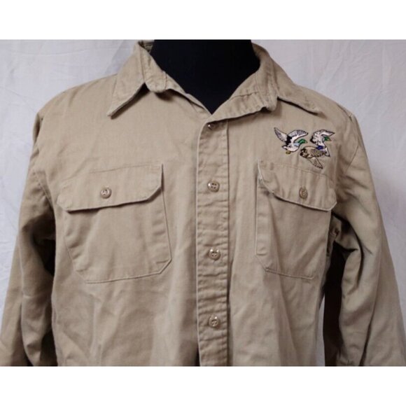 Camco Mens Large Long Tan Heavy Flame Resistance Embroidered Ducks Shirt USA - Picture 3 of 12